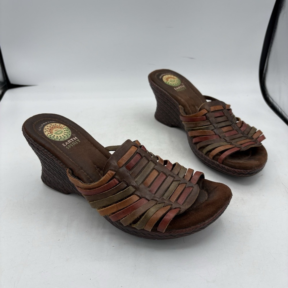 Earth Spirit Sandals Womens Size 8.5 Birch Leather Mule Slide Wedge Strappy